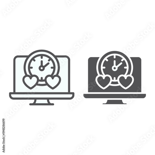 Two vector laptops displaying clocks with heart icons