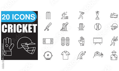 20 Cricket Sport Icons Set | Bat, Ball, Wicket, Player & Equipment Vectors