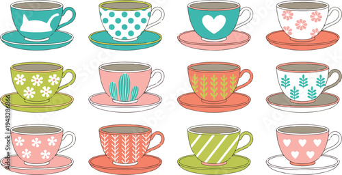 Colorful decorative teacup collection illustration with cute patterns and saucers, ideal for kitchen decor, cafe branding, and cozy artwork