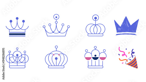Set of 7 blue line art and textured crown vector icons with a party popper, perfect for celebration, royalty, and success designs.