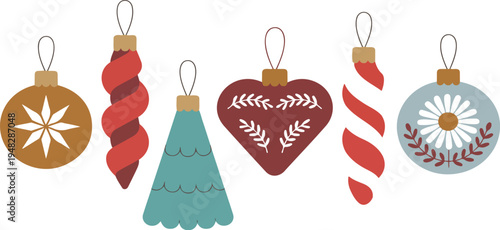 Set of flat vector illustrations of vintage Christmas ornaments featuring festive holiday baubles in retro style with unique shapes and patterns