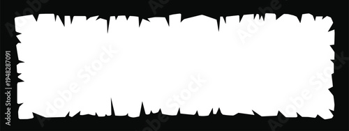 White torn paper edge vector illustration on black background featuring a rectangular frame with ragged ripped borders for creative designs.