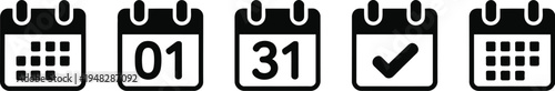 Set of black calendar vector icons showing various dates including number one thirty one check mark and monthly grid patterns.