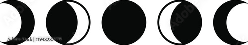 Moon phase icons set showing waxing and waning crescent gibbous and full moon stages in a flat black silhouette.