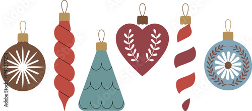 Set of flat vector illustrations of vintage Christmas ornaments featuring festive holiday baubles in retro style with unique shapes and patterns