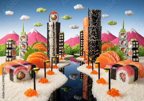 Miniature city built from sushi rolls salmon sashimi and rice islands with pink mountains