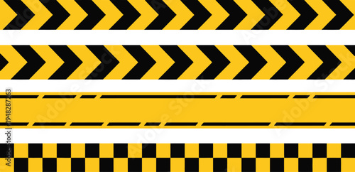 Set of yellow and black hazard warning tapes featuring chevron stripes checkered patterns and caution lines for industrial safety borders.