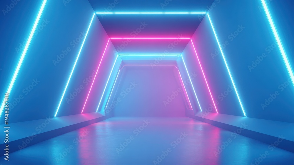Fototapeta premium Futuristic Neon Lit Tunnel: Geometric Light Installation with Pink and Blue Glowing Accents, Modern Abstract Design