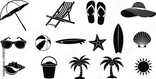Beach vacation icons silhouette isolated on transparent background