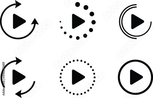 Set of six icons depicting media playback controls with variations in design Vector
