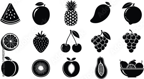 Silhouette of various fruits isolated on transparent background