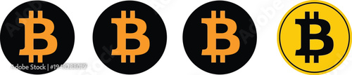 Four stylized bitcoin icons displayed in a row with varying background colors. Vector