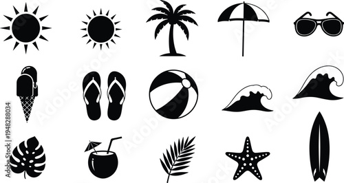 Black silhouette beach icons isolated on transparent background