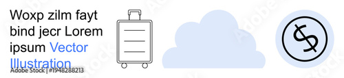 Travel, cloud technology, data storage, finance, mobility, connectivity. Minimalist suitcase, cloud icon and money symbol on white background. Travel and cloud technology concept