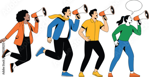 Flat vector illustration set of diverse people with megaphones and speech bubbles promoting messages for advertising, marketing, and communication concepts