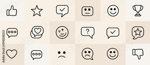 Feedback Rating Icon Set – Like, Star, Comment, Smile, Review, Check, Trophy, Emotion Line Icons Collection