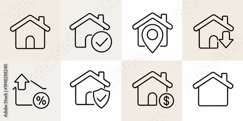 Real Estate House Icon Set – Home, Property, Mortgage, Rent, Location, Investment, Building Line Icons Collection