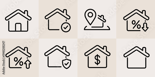 Real Estate House Icon Set – Home, Property, Mortgage, Rent, Location, Investment, Building Line Icons Collection