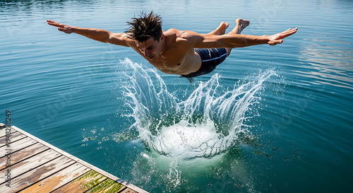 A man in swim shorts jumps headfirst into a clear blue lake from a wooden dock, creating a large splash on a sunny day.