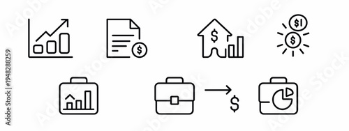 Business Finance Line Icon Set – Growth Chart, Report, Bank, Investment, Profit, Briefcase, Analytics Outline Icons Collection