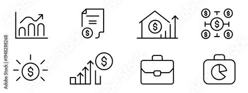 Business Finance Line Icon Set – Growth Chart, Report, Bank, Investment, Profit, Briefcase, Analytics Outline Icons Collection