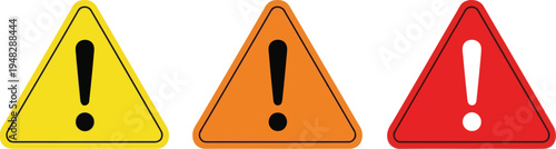 Three triangular warning signs in different colors with exclamation marks inside Vector