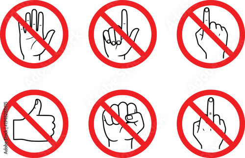 Prohibited hand gestures depicted with universal 'no' symbols in red circles Vector