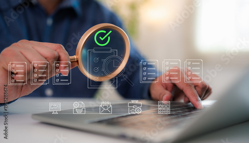 Businessman checks digital document with document management, approval process, representing paperless workflow, modern business operation, business automation and financial ecosystem.