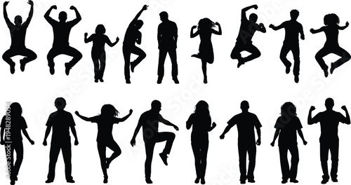 Jumping people silhouettes, happy men and women, active poses, celebration, success, achievement, group of friends, dancing, party, workout, fitness, human movement, exercise, energetic individuals.