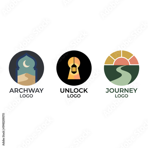 The three logos creatively symbolize journeys, unlocking potential, and archways, stylized in modern design, encapsulating themes of exploration and growth.