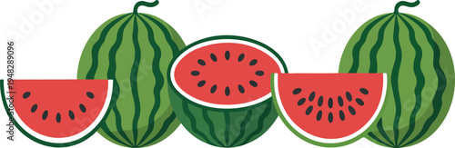Set of fresh watermelon illustrations featuring whole, cut, half, and sliced fruit with red flesh and black seeds, summer food vector