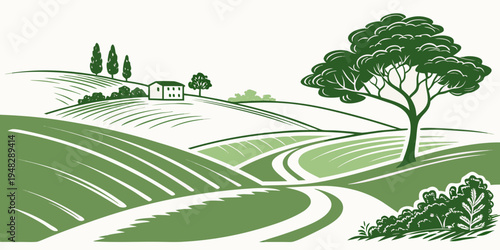 a green landscape with a tree and a winding road Vector