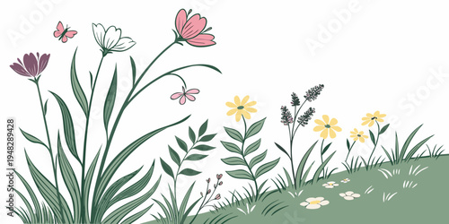 a group of wildflowers and plants on a grassy hill Vector