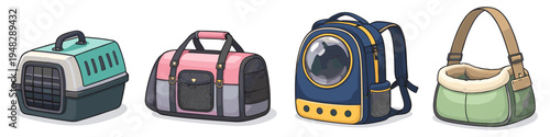 Collection of four different pet carriers and travel bags for animals