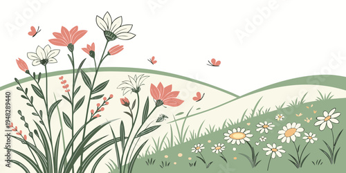 a serene landscape with a field of flowers Vector