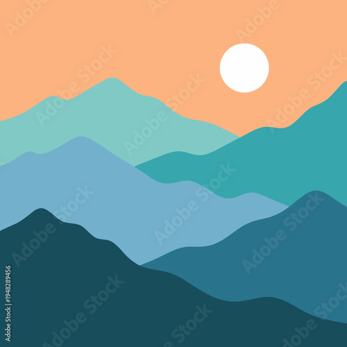 An abstract landscape depicting rolling mountains in soft hues beneath a glowing sun, evoking a sense of peace and serenity in nature's beauty at twilight.
