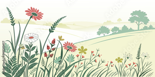 a field of wildflowers with trees in the background Vector