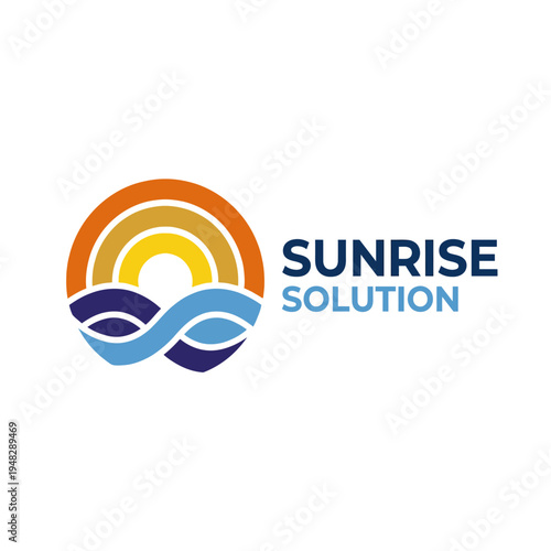 A vibrant logo featuring a rising sun over flowing waves, symbolizing new beginnings and solutions, promoting positivity and inspiration for future endeavors.