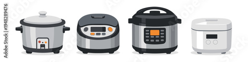 Collection of four modern electric rice cookers and multi-cookers in a row