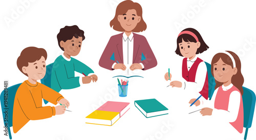 Cheerful classroom study group scene with teacher and children sitting around table learning together in colorful educational vector illustration