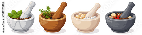 Variety of mortars and pestles with herbs, spices, and nuts for cooking