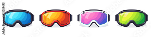 Collection of four colorful ski goggles with different tinted lenses on white background