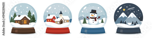 Collection of four charming winter snow globes with festive scenes