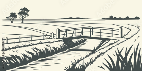 a small bridge over a stream in a rural landscape Vector