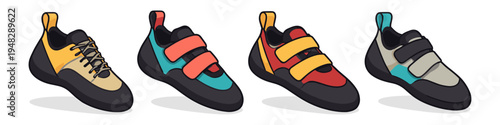 Collection of four colorful climbing shoes with different closure systems