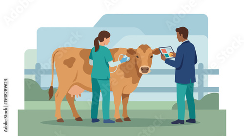 An illustration of a veterinarian examining a cow with a technician, signifying the importance of animal health and welfare in modern agriculture and veterinary practice.