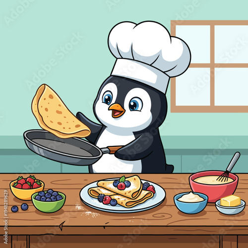 A charming illustration of a cheerful penguin chef flipping crepes, highlighting creativity and fun in cooking, with a lively kitchen setting full of ingredients.