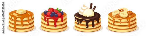 Four delicious stacks of pancakes with various toppings including berries, chocolate, and banana