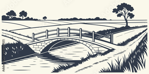 a small bridge over a canal in a rural landscape Vector