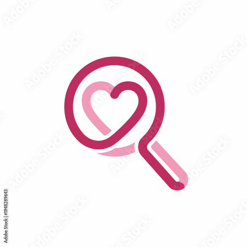 A creatively designed heart magnifying glass symbolizes exploring and discovering love, care, and relationships in a visually appealing manner using vivid colors and curves.